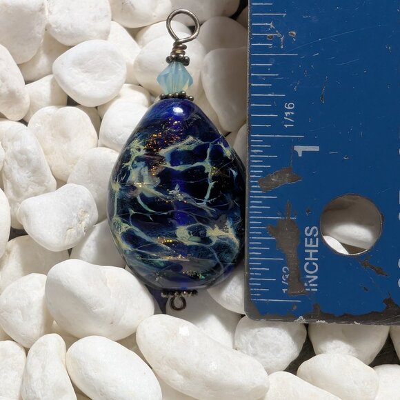 Vintage 90s Handmade Glass Lampwork Bead - Murano Glass - Blue Pendant - Picture 2 of 5